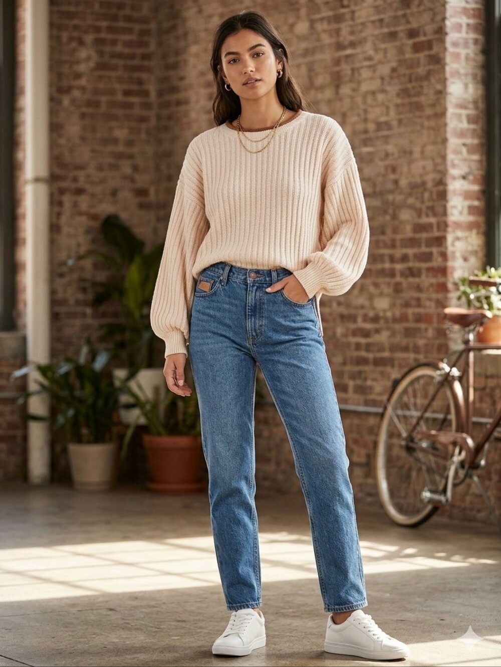 Cream Cable Knit Balloon Sleeve Sweater with Contrast Neck